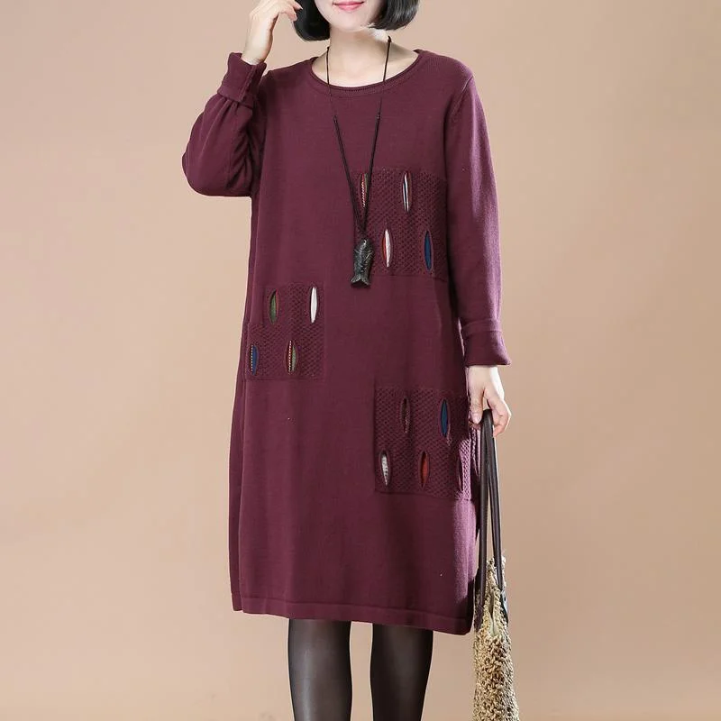 warm purple split knit dresses Loose fitting spring dresses boutique patchwork sweater