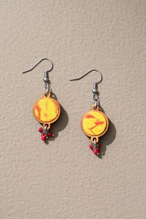 Whe Handcrafted Yellow Orange Tie And Dye Repurposed Wood And Fabric Danglers