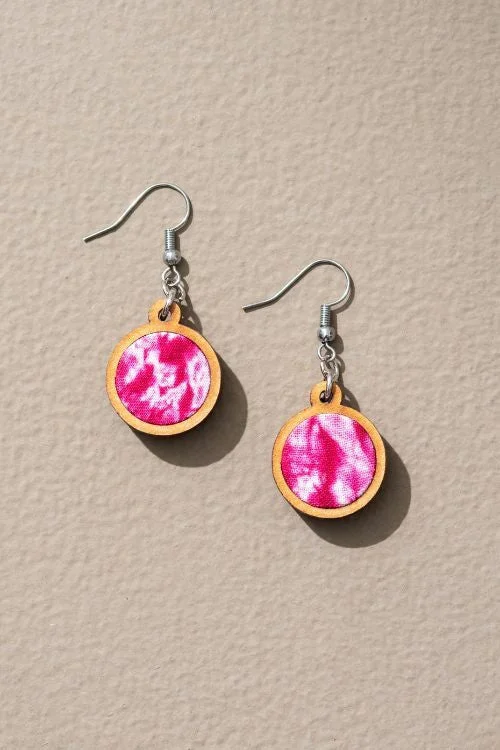 Whe Pink Tie And Dye Repurposed Wood And Fabric Danglers