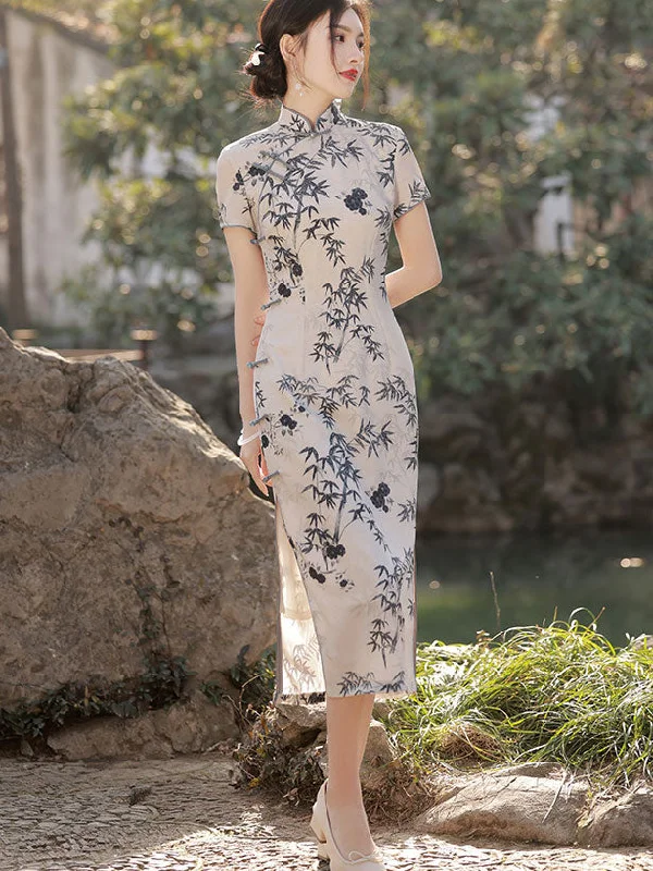 White Black Bamboo Print Cheongsam Qipao Dress