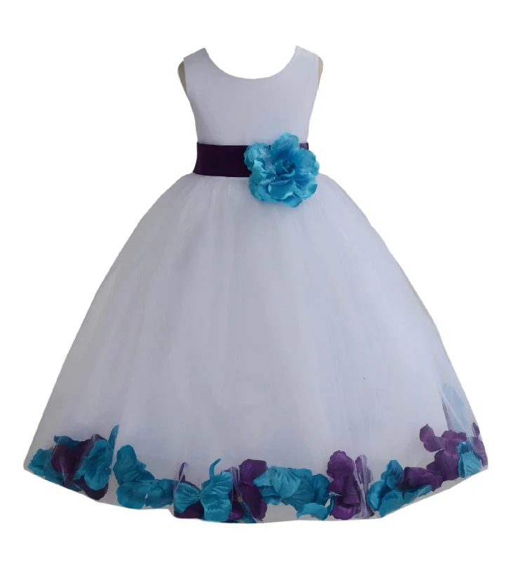 White Elegant Colorful Mixed Rose Petals Bridesmaid Pageant Special Occasion Flower Girl Dress 302T(2)