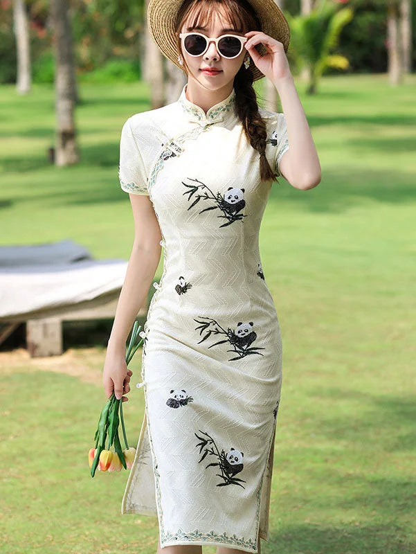 White Pink Lace Embroidered Panda Cheongsam Qi Pao Dress