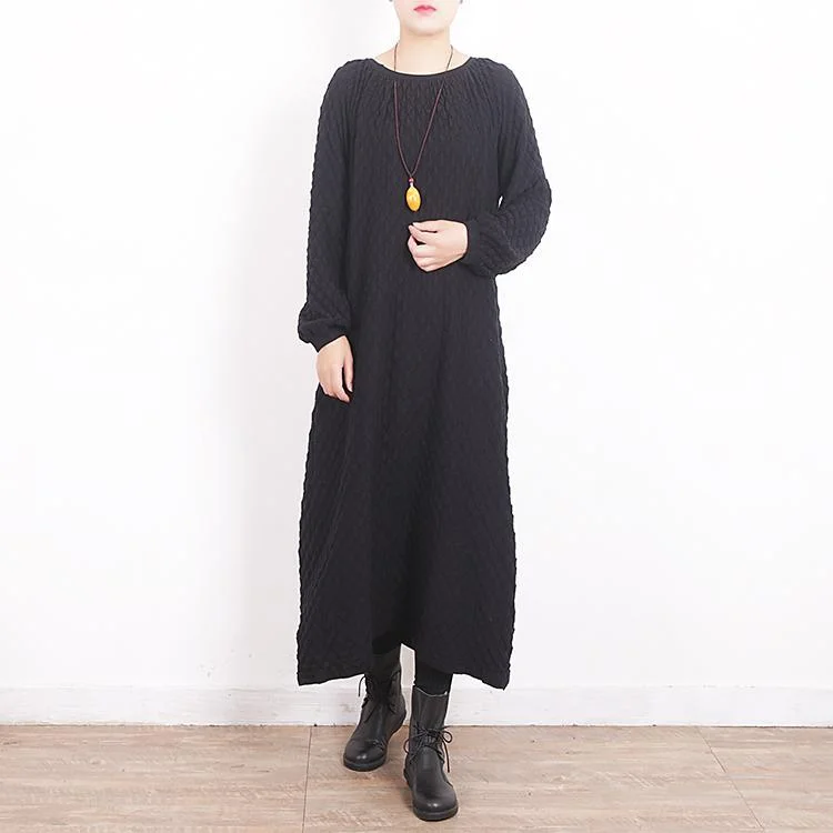 Women Black Knit Dresses Oversize O Neck Winter Dresses New Plaid Sweater