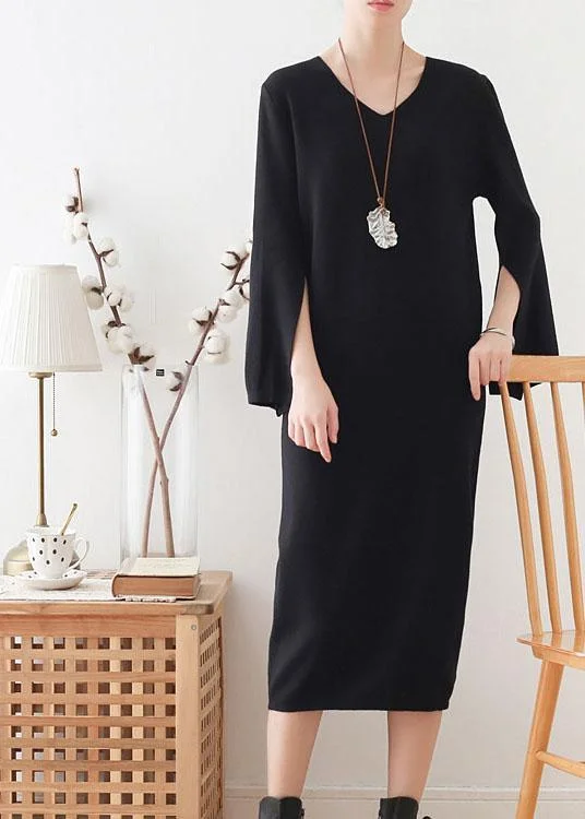 Women Black Long Sleeve Fall Slim fit Knit Dress