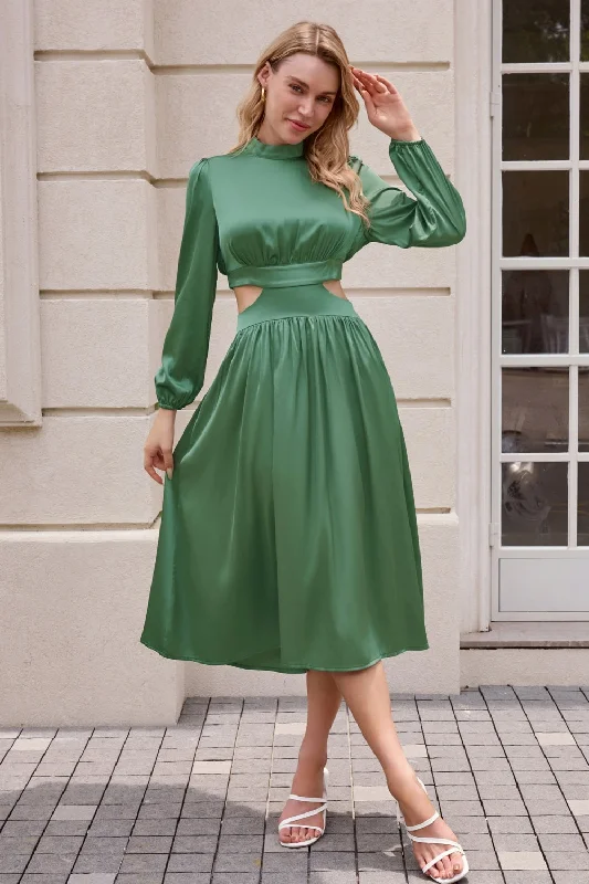 Women Cut-out Waist Dress Long Sleeve Half High-Neck Elastic Waist Dress