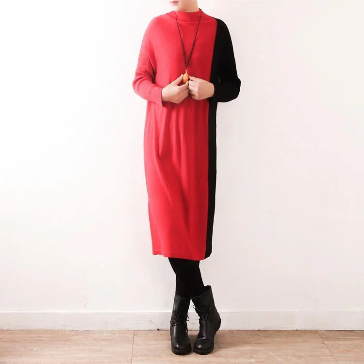 Women red Sweater Aesthetic Upcycle oversized high neck patchwork knit dress