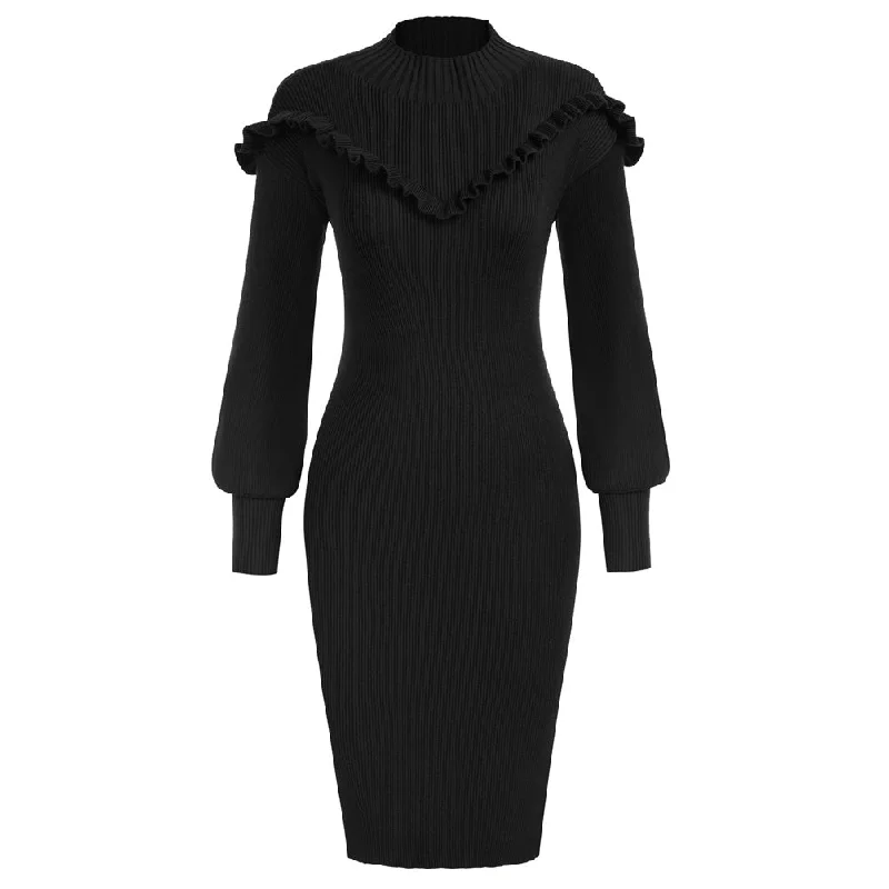 Seckill Offer⌛Side Slit Sweater Dress Dropped Shoulder Half High Neck Knitted Dress