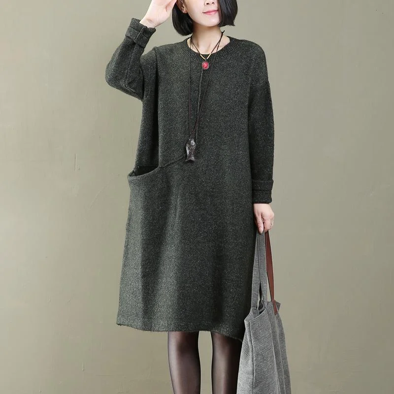 women tea green knit dress casual sweaters casual side pocket long sweaters