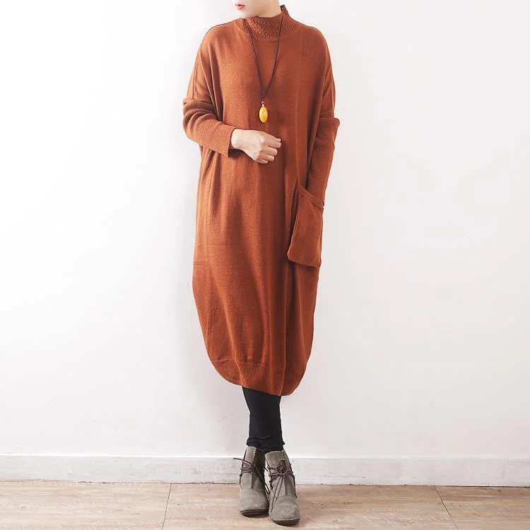 women yellow knit dress Loose fitting high neck pullover sweater Elegant pockets asymmetric winter dresses