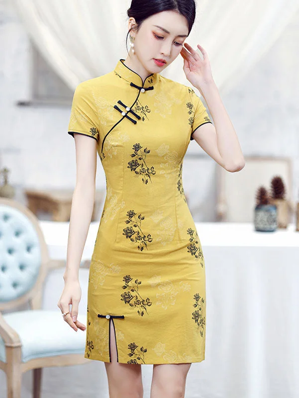 Yellow Floral Linen Cheongsam Qipao Dress