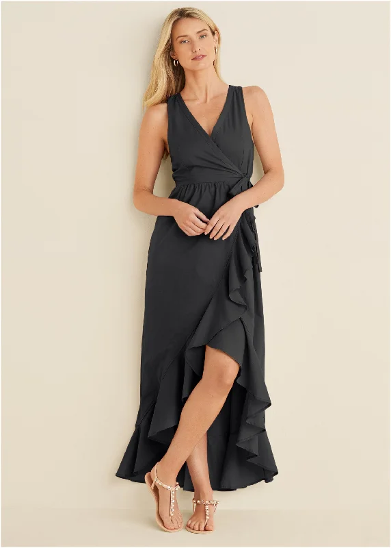 High-Low Wrap Dress - Black