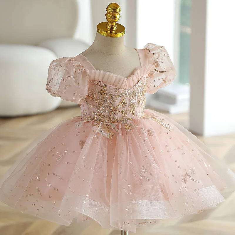 Baby Girl Princess Dress Elegant Pink Mesh Sequins Pageant Party Dress