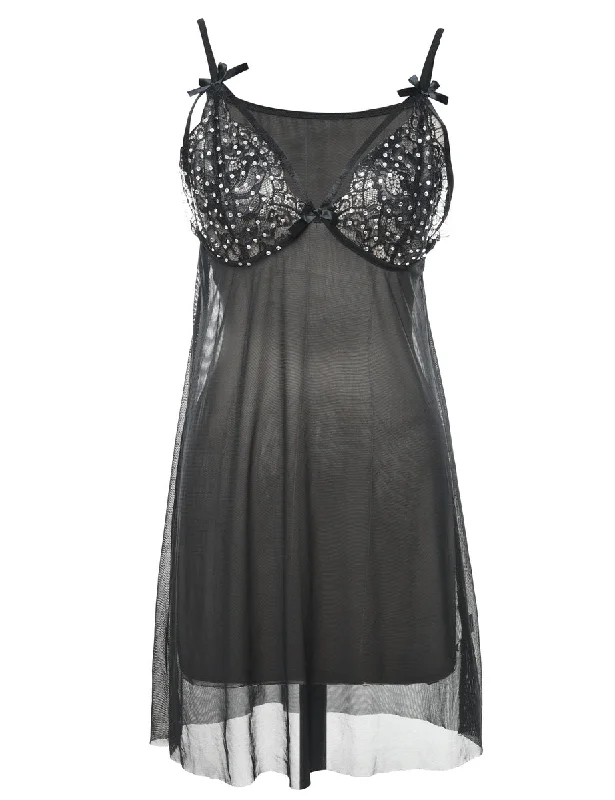 Embellished Black Sheer Lace Trim Babydoll - XS