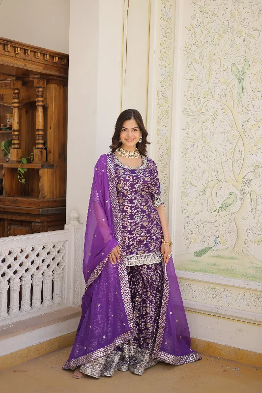 Jyoti Fashion Women's Purple Viscose Jacquerd Sequins with Zari Embroidered Gharara Set