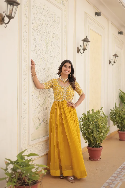 Jyoti Fashion Women's Yellow Faux Blooming Sequins with Zari Embroidered Long Anarkali Dress