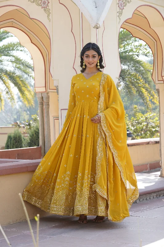 Jyoti Fashion Women's Yellow Faux Georgette Sequins with Zari Embroidered Anarkali Kurta with Dupatta