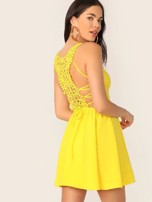 Neon Yellow Lace Up Guipure Lace Back Cami Sundress