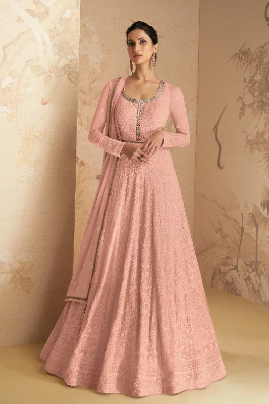 Peach Georgette Thread And Sequins Work Anarkali Suit Set