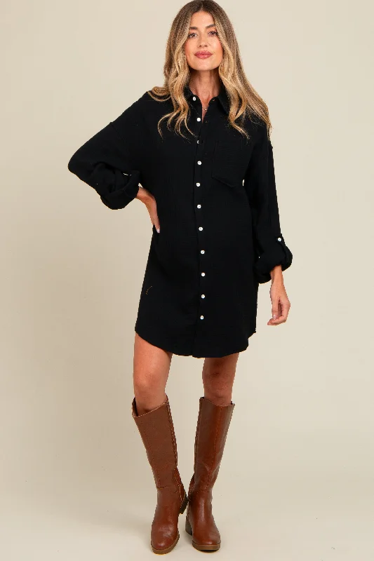 Black Rolled Cuff Maternity Button Down Dress