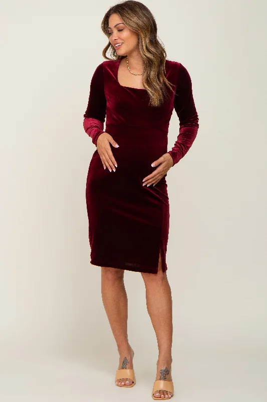 Burgundy Velvet Long Sleeve Side Slit Maternity Dress