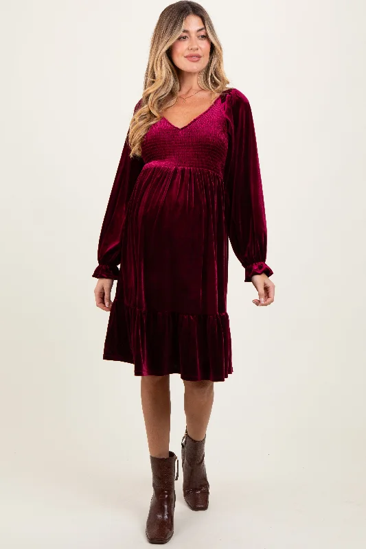 Burgundy Velvet Smocked Maternity Long Sleeve Dress