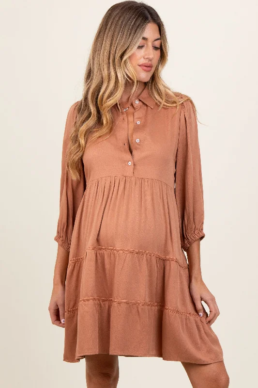 Camel Collared Tiered Maternity Dress