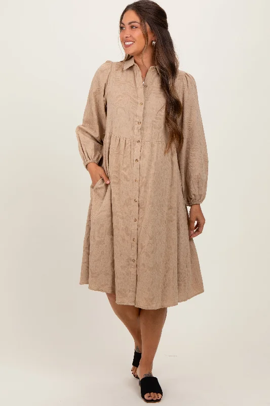 Camel Tiered Button Down Maternity Shirt Dress