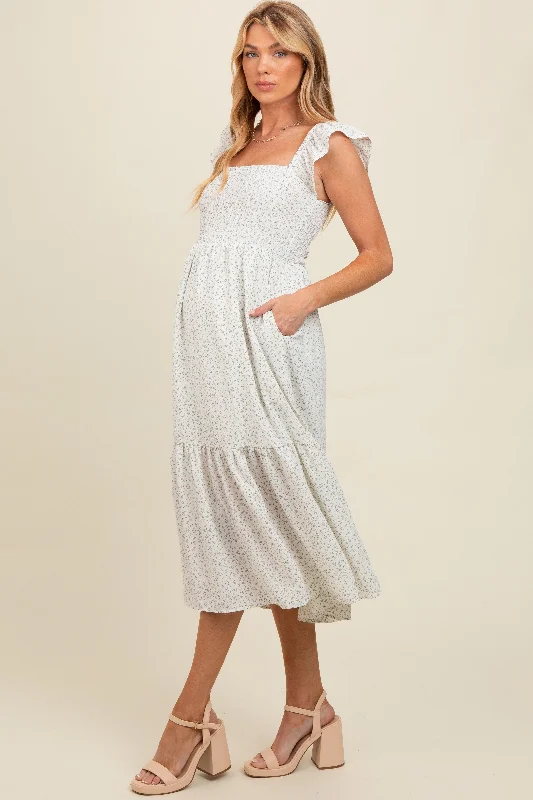 Cream Ruffle Strap Smocked Maternity Mid Dress