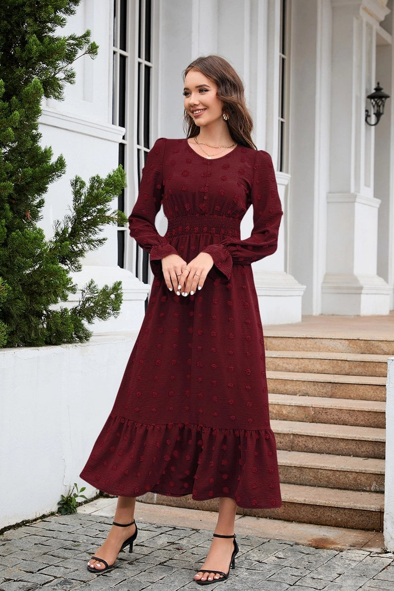 Dress - V-Neck Long Sleeved Jacquard Waist Dress, Red, Also Plus Size