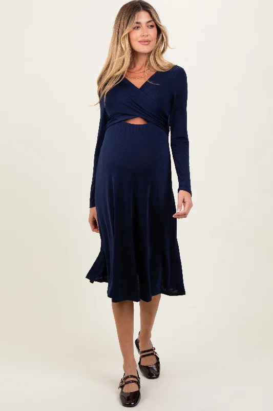 Navy Crossover V-Neckline Long Sleeve Maternity Nursing Dress