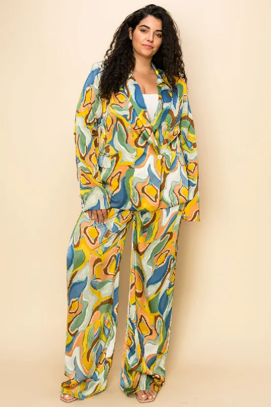 Plus Size One Button Printed Jacket Pant Set