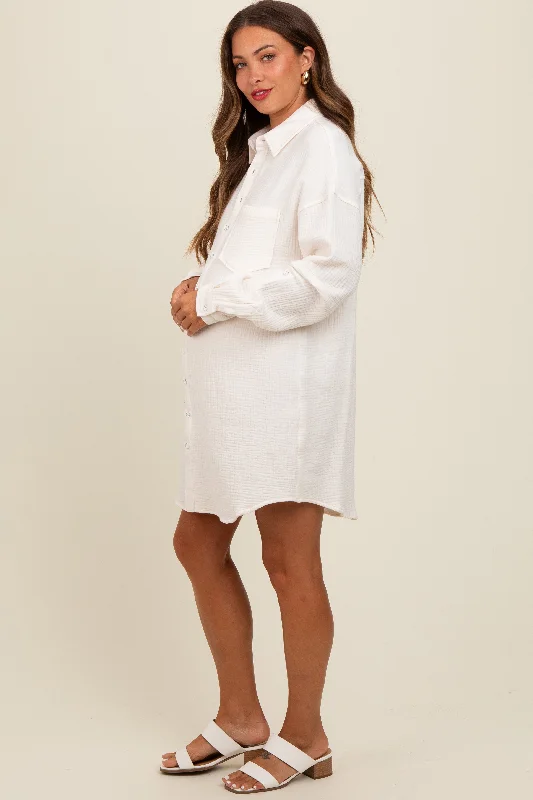 White Rolled Cuff Maternity Button Down Dress